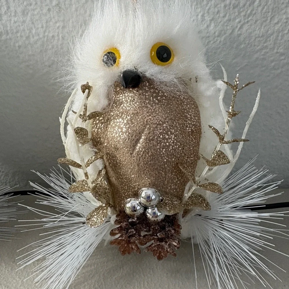 Set of 2 White Faux Fur Owl Christmas Ornaments Rose Gold Glitter Accents 5